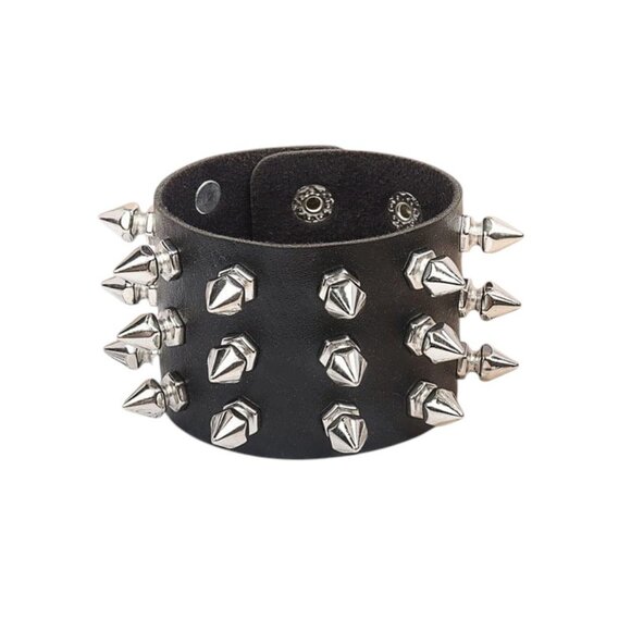 80s Punk Rock Spiked Cuff Studs Wristband Bracelet Black PU Leather Goth Grunge - Picture 3 of 6